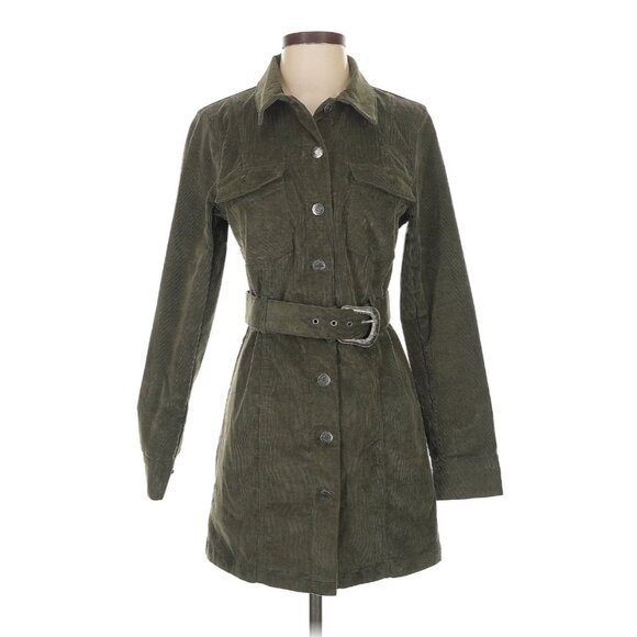 House Of Harlow 1960 Army Green Corduroy Belted Luxury Designer Trench Dress - Picture 2 of 8